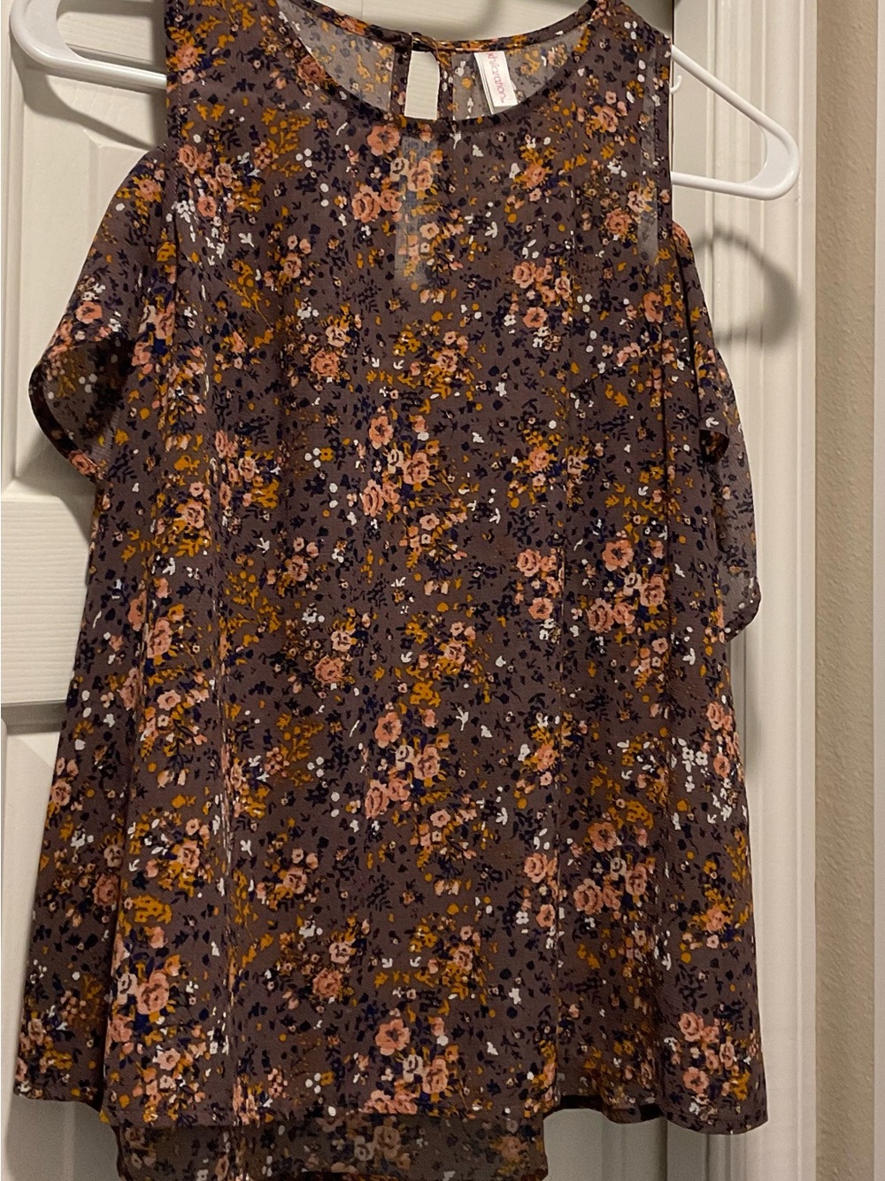 Xhilaration Brown Floral Cold-Shoulder Blouse with Pink and Mustard Accents
